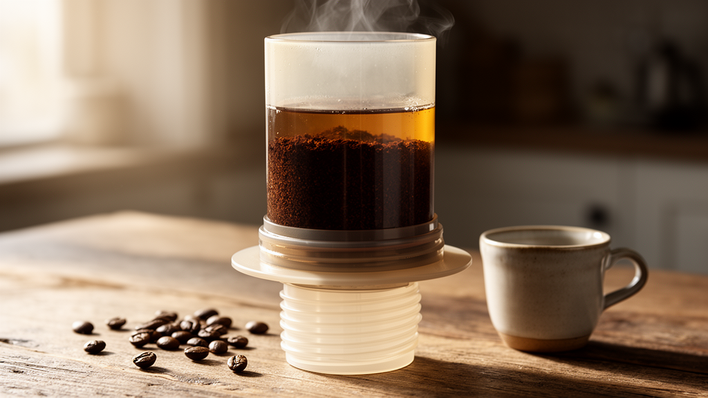 AeroPress inverted method brewing setup with coffee grounds and water in a clear chamber