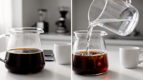 Close-up of a clear glass carafe with bypass water being poured into a dark, concentrated coffee brew, highlighting the separation of clear water and dark coffee.