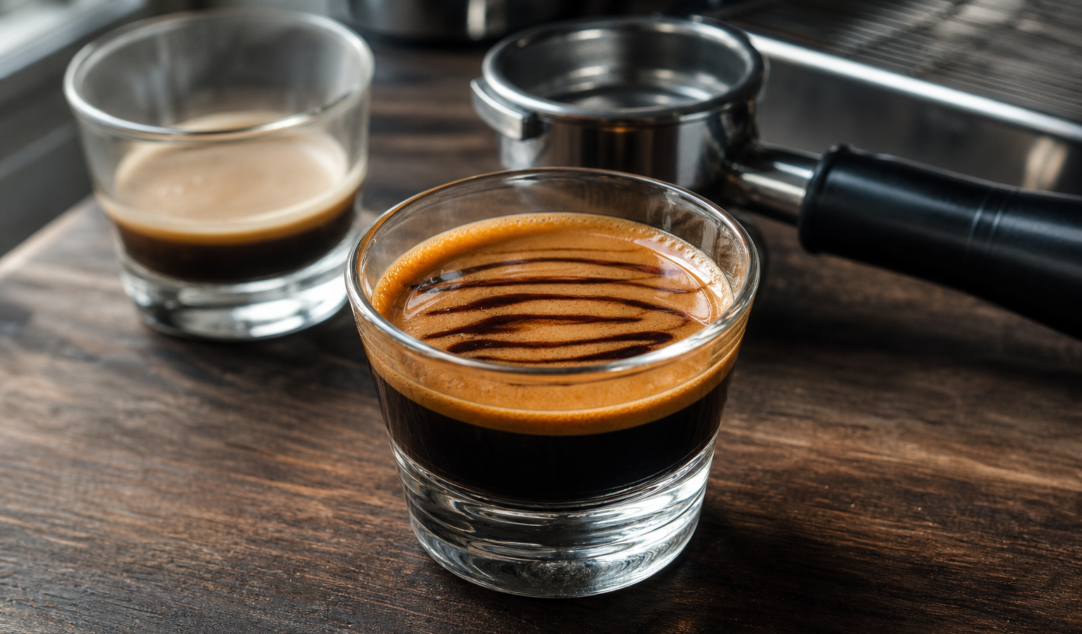 A close-up of a properly extracted espresso shot with thick, tan, tiger-striped crema sitting on top of dark liquid in a clear glass cup