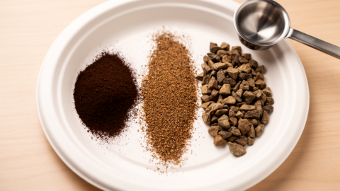 Espresso grinder dead zone showing bimodal particle distribution with large chunks and fine dust