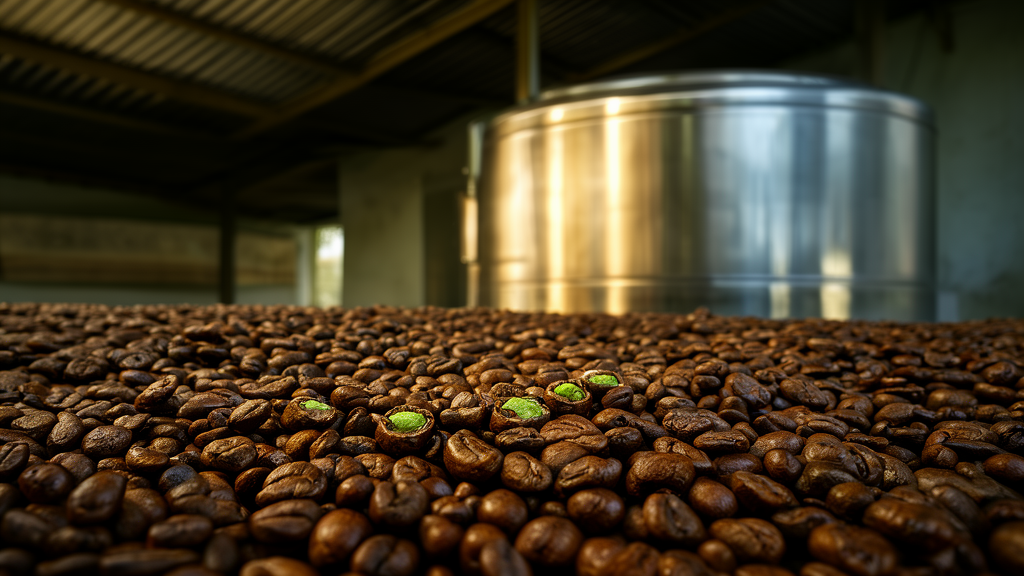 Close-up of Ethiopian natural coffee beans drying in the sun, showing the rough, uneven texture of the fruit still attached to the seeds, with a focus on the anaerobic processing difference.