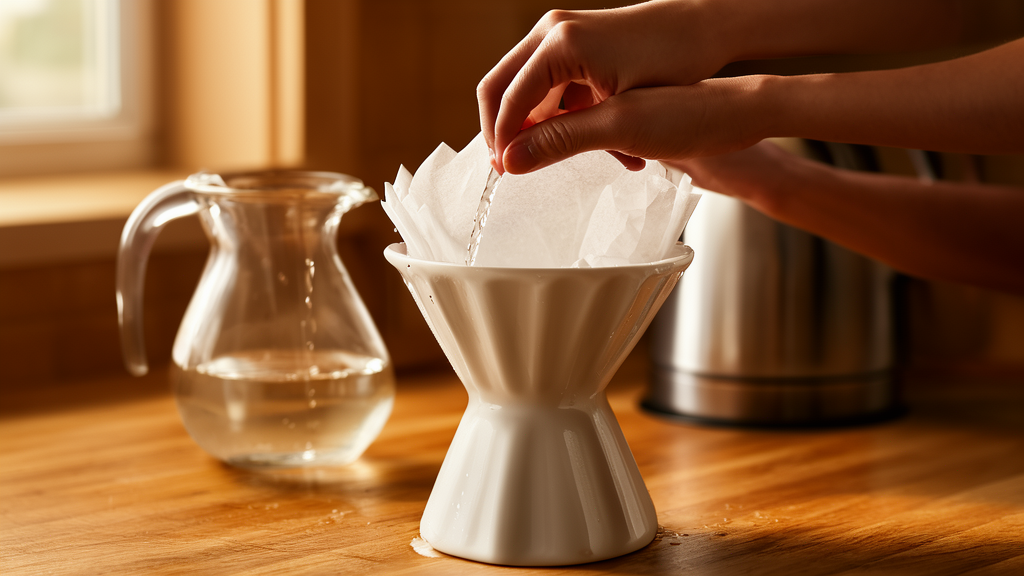 Close-up of a hand rinsing a white paper filter in a ceramic Hario V60 dripper, showing water draining through the fluted walls