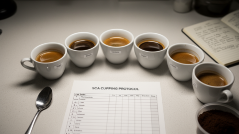 SCA cupping protocol scoring sheet with coffee samples