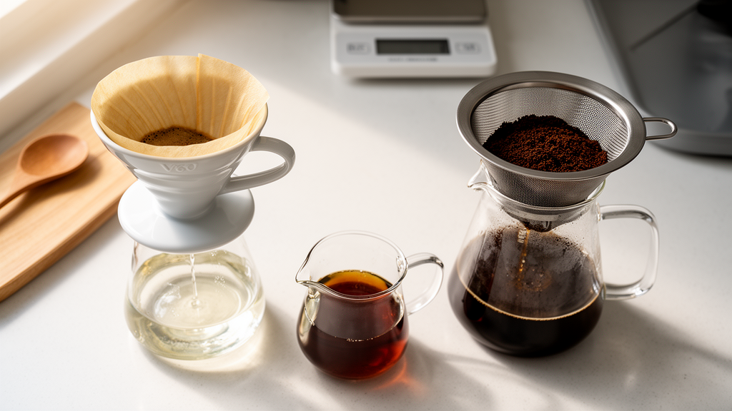 Split pour over brewing setup with two vessels mixing coffee