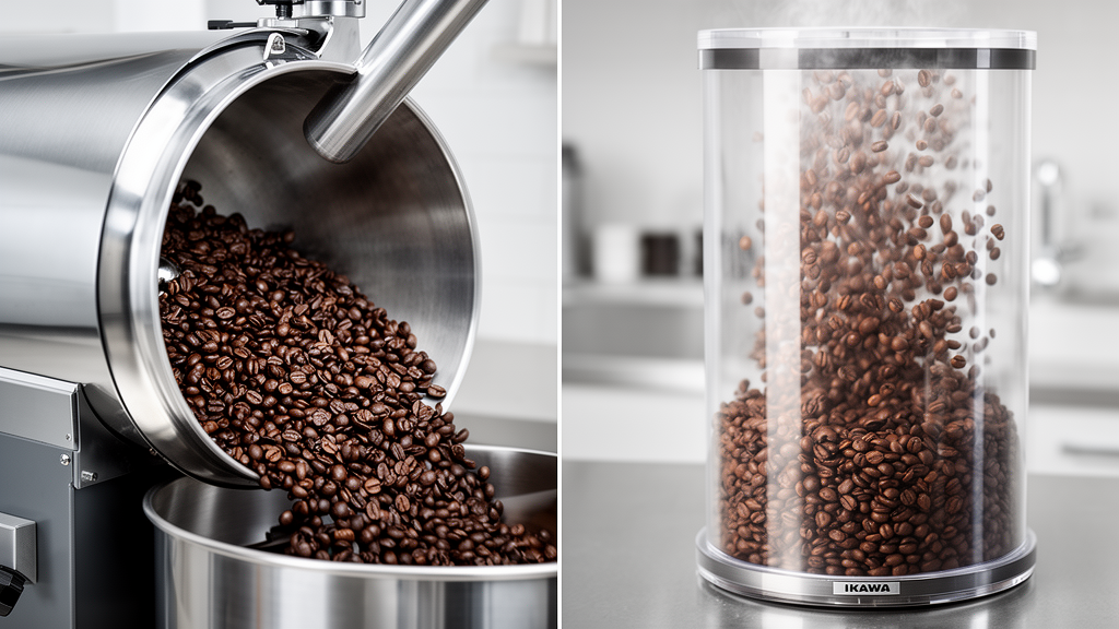 SR900 drum roaster tumbling coffee beans next to Ikawa fluidized bed roaster