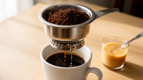 A stainless steel phin filter dripping dark Vietnamese robusta coffee into a glass with condensed milk
