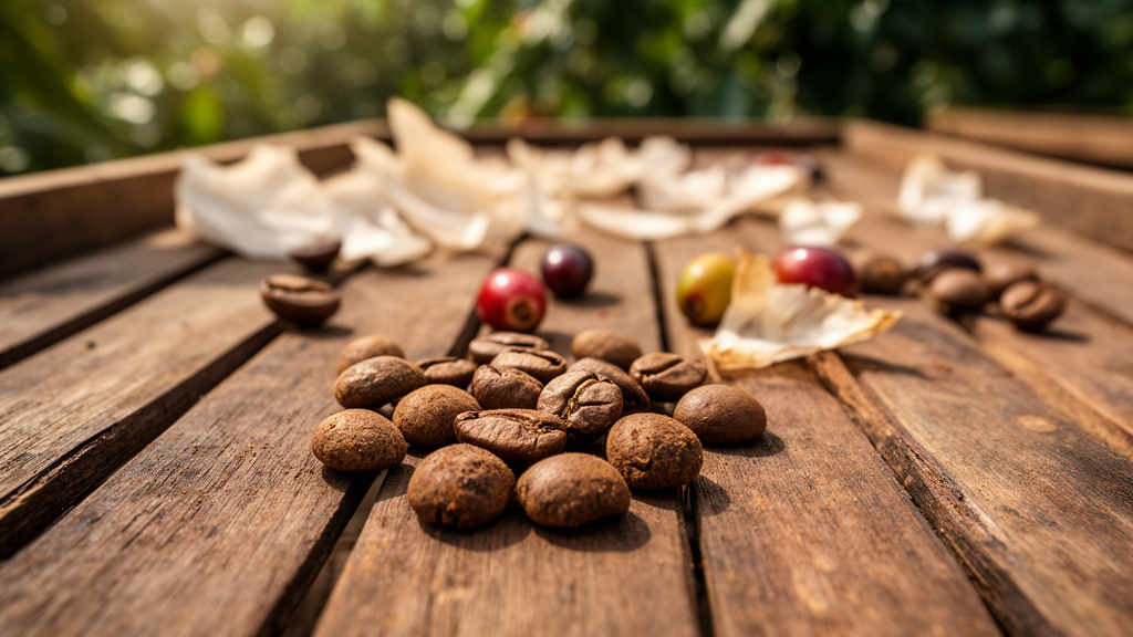 Close-up of wet-hulled coffee beans drying on raised beds, showing the characteristic earthy brown color of giling basah processed beans